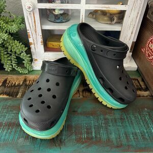 Crocs Mega Crunch Clog Black Blue Green Platform Slip-On Shoes Women's Size 9